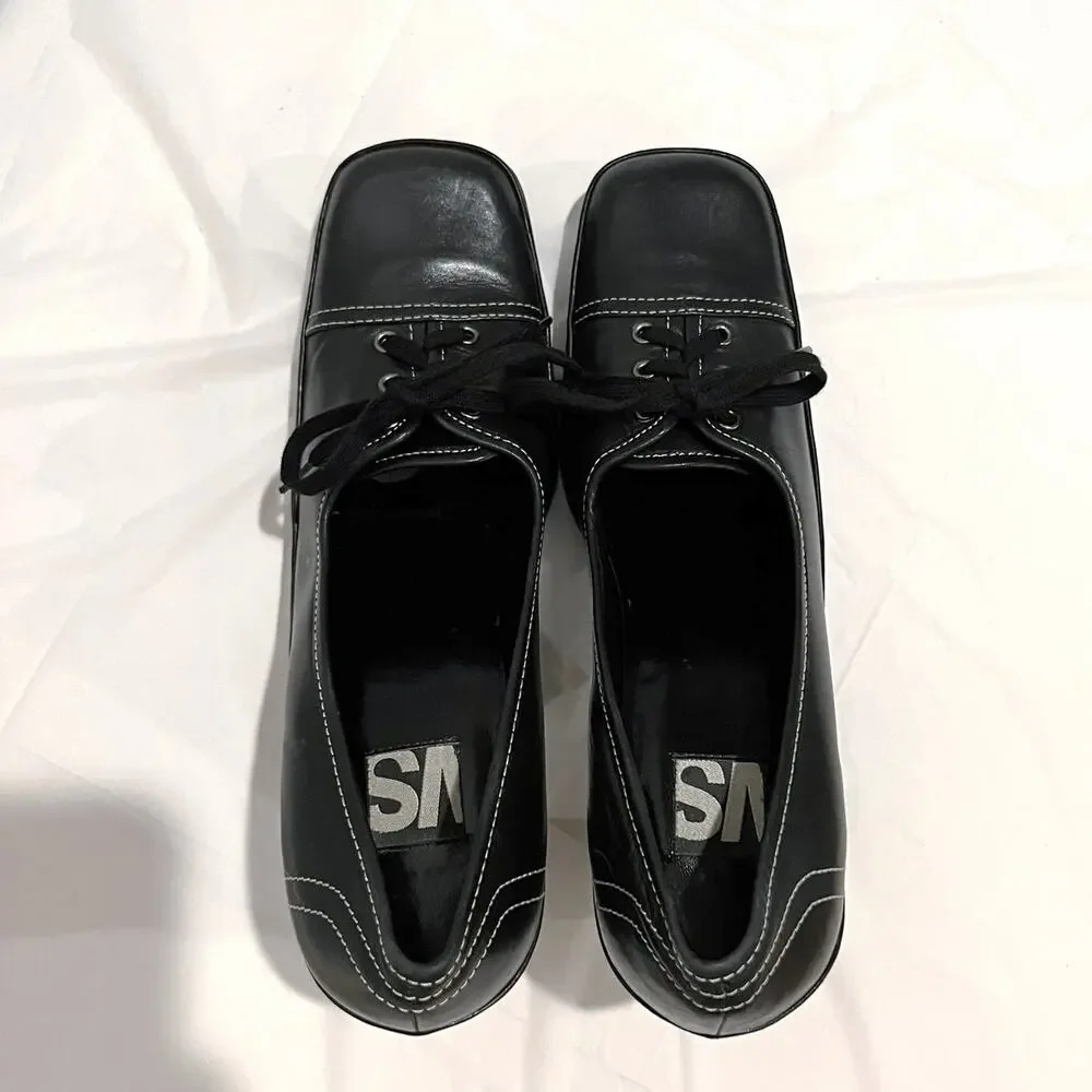 Vintage 90s Lace Up Oxford Size 8.5 Black Leather Square Toe Heels VS Macbeth - Picture 13 of 15